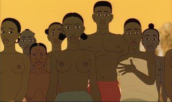 Movie still from “Kirikou and the Sorceress” (1998), directed by Raymond Burlet – A group of men standing next to each other in front of an orange sky; Extreme Close Up shot, Overhead angle