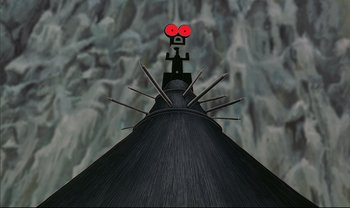 Movie still from “Kirikou and the Sorceress” (1998), directed by Raymond Burlet – A gun that is on top of a building; Extreme Close Up shot, Low angle