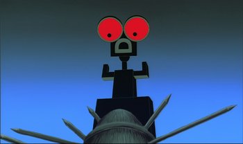 Movie still from “Kirikou and the Sorceress” (1998), directed by Raymond Burlet – A cartoon picture of a monster with red eyes; Close Up shot, Low angle