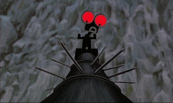 Movie still from “Kirikou and the Sorceress” (1998), directed by Raymond Burlet – View of the top of a gun sight; Extreme Close Up shot, Low angle