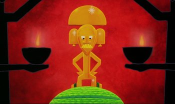 Movie still from “Kirikou and the Sorceress” (1998), directed by Raymond Burlet – An image of a cartoon character on a red background; Wide shot, Low angle