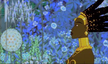 Movie still from “Kirikou and the Sorceress” (1998), directed by Raymond Burlet – An african woman is standing in front of a field of blue flowers; Close Up shot, Low angle