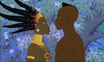 Movie still from “Kirikou and the Sorceress” (1998), directed by Raymond Burlet – An african man and a black woman face to face; Close Up shot, Low angle