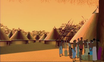 Movie still from “Kirikou and the Sorceress” (1998), directed by Raymond Burlet – An illustration of people standing in front of huts; Extreme Wide shot, High angle