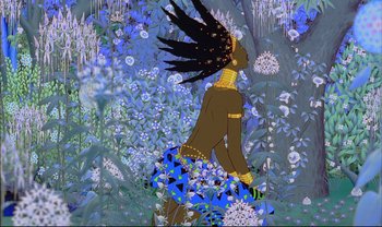 Movie still from “Kirikou and the Sorceress” (1998), directed by Raymond Burlet – A woman with long black hair is standing in a field of blue flowers; Extreme Wide shot, Low angle
