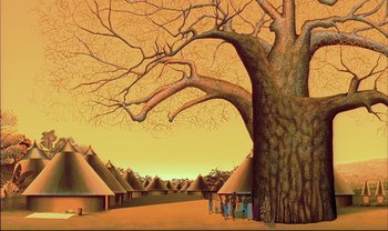 Movie still from “Kirikou and the Sorceress” (1998), directed by Raymond Burlet – A painting of a tree and some huts in the background; Extreme Wide shot, Low angle