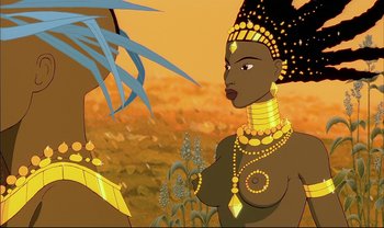 Movie still from “Kirikou and the Sorceress” (1998), directed by Raymond Burlet – An animated woman in a yellow necklace is looking at a plant; Close Up shot, Over the shoulder angle