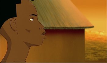 Movie still from “Kirikou and the Sorceress” (1998), directed by Raymond Burlet – An animated picture of a man looking into the distance; Close Up shot, Low angle