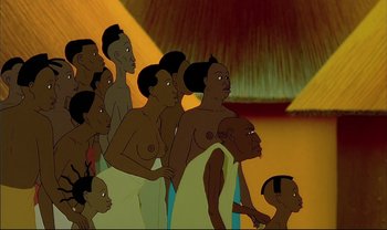 Movie still from “Kirikou and the Sorceress” (1998), directed by Raymond Burlet – A group of people standing next to each other in a room; Medium shot, Low angle
