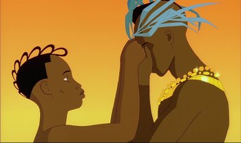 Movie still from “Kirikou and the Sorceress” (1998), directed by Raymond Burlet – An animated picture of a woman and a man; Extreme Close Up shot, Low angle
