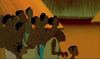 Movie still from “Kirikou and the Sorceress” (1998), directed by Raymond Burlet – A group of people standing next to each other in front of an orange background; Medium shot, High angle