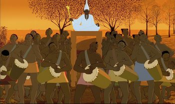 Movie still from “Kirikou and the Sorceress” (1998), directed by Raymond Burlet – A group of people are gathered together in front of an audience; Wide shot, High angle