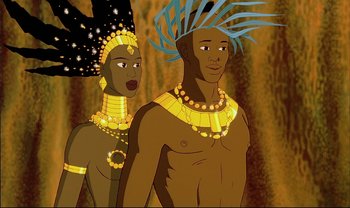 Movie still from “Kirikou and the Sorceress” (1998), directed by Raymond Burlet – An animated man and woman wearing gold jewelry; Medium shot, Low angle
