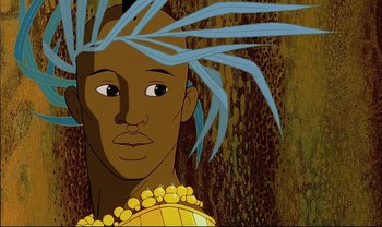 Movie still from “Kirikou and the Sorceress” (1998), directed by Raymond Burlet – An animated picture of a man with a blue feather headdress; Close Up shot, Low angle