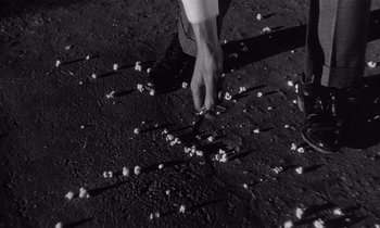 Movie still from “Kiss Me Deadly” (1955), directed by Robert Aldrich – A person walking on the ground with flowers on the ground; Extreme Close Up shot, Overhead angle