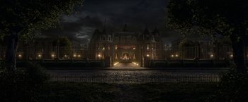 Movie still from “Enola Holmes 2” (2022), directed by Harry Bradbeer – An image of an old castle at night time; Extreme Wide shot, Low angle