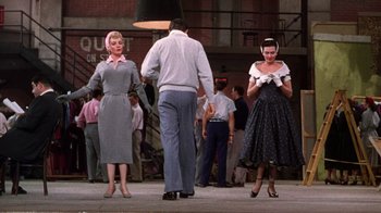 Movie still from “Kiss Me Kate” (1953), directed by George Sidney – A group of people standing around in the street; Wide shot, Low angle