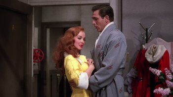 Movie still from “Kiss Me Kate” (1953), directed by George Sidney – A man and a woman standing next to each other; Medium shot, Over the shoulder angle