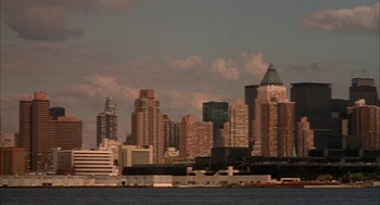 Movie still from “Kissing Jessica Stein” (2001), directed by Charles Herman-Wurmfeld – A view of a city skyline from the water; Extreme Wide shot, Low angle
