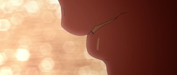 Movie still from “Kizumonogatari Part 1: Tekketsu” (2016), directed by Akiyuki Shinbô – View of a woman's breast; Extreme Close Up shot, Low angle