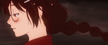 Movie still from “Kizumonogatari Part 2: Nekketsu” (2016), directed by Akiyuki Shinbô – View of a woman's face in a dark room; Extreme Close Up shot, Low angle