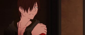 Movie still from “Kizumonogatari Part 2: Nekketsu” (2016), directed by Akiyuki Shinbô – A person with a red object in their hand; Close Up shot, High angle