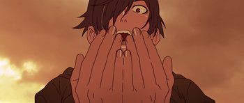 Movie still from “Kizumonogatari Part 2: Nekketsu” (2016), directed by Akiyuki Shinbô – A person with their hands over their face; Extreme Close Up shot, Overhead angle