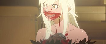 Movie still from “Kizumonogatari Part 3: Reiketsu” (2017), directed by Akiyuki Shinbô – An animated woman with blood on her face; Extreme Close Up shot, High angle