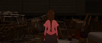 Movie still from “Kizumonogatari Part 3: Reiketsu” (2017), directed by Akiyuki Shinbô – An animated character is standing in front of a pile of rubble; Medium shot, Over the shoulder angle
