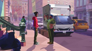 Movie still from “Entergalactic” (2022), directed by Fletcher Moules – Two people standing on a sidewalk near a fire hydrant; Wide shot, Over the shoulder angle