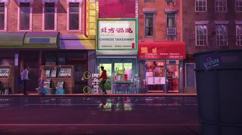 Movie still from “Entergalactic” (2022), directed by Fletcher Moules – A person walking down the street in front of a restaurant; Extreme Wide shot, High angle