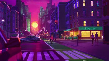 Movie still from “Entergalactic” (2022), directed by Fletcher Moules – An illustration of a city street at night with a person on a bicycle; Extreme Wide shot, Low angle