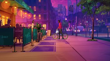 Movie still from “Entergalactic” (2022), directed by Fletcher Moules – A man riding a bike down a street at night; Extreme Wide shot, Low angle