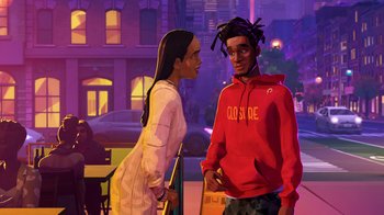 Movie still from “Entergalactic” (2022), directed by Fletcher Moules – A man and a woman standing next to each other in front of a building; Medium shot, Over the shoulder angle