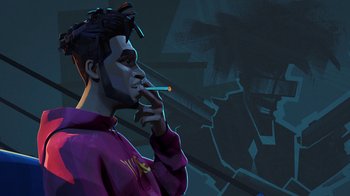 Movie still from “Entergalactic” (2022), directed by Fletcher Moules – A man smoking a cigarette while wearing a purple jacket; Close Up shot, Low angle