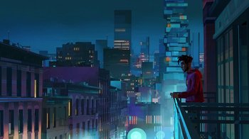 Movie still from “Entergalactic” (2022), directed by Fletcher Moules – A man standing on a balcony looking at a city at night; Extreme Wide shot, Low angle