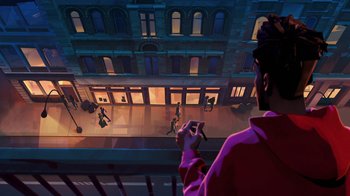 Movie still from “Entergalactic” (2022), directed by Fletcher Moules – A man standing on a balcony looking at people walking on the street; Wide shot, Overhead angle