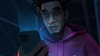 Movie still from “Entergalactic” (2022), directed by Fletcher Moules – A man in a purple hoodie looking at a phone; Close Up shot, Low angle