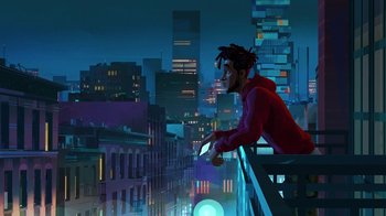 Movie still from “Entergalactic” (2022), directed by Fletcher Moules – A man sitting on a railing looking out over a city at night; Wide shot, Low angle