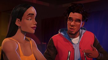 Movie still from “Entergalactic” (2022), directed by Fletcher Moules – A man and a woman are standing next to each other; Medium shot, Over the shoulder angle