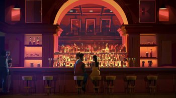 Movie still from “Entergalactic” (2022), directed by Fletcher Moules – Two people sitting at a bar in front of a bar filled with liquor; Extreme Wide shot, Low angle