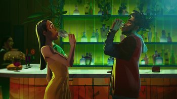 Movie still from “Entergalactic” (2022), directed by Fletcher Moules – A man and a woman are drinking wine in a bar; Medium shot, Low angle