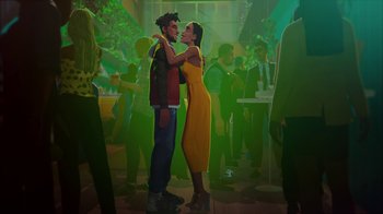 Movie still from “Entergalactic” (2022), directed by Fletcher Moules – A couple of people that are standing in a room together; Wide shot, High angle