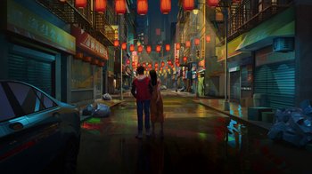 Movie still from “Entergalactic” (2022), directed by Fletcher Moules – Two people are standing in the middle of an empty street; Extreme Wide shot, High angle