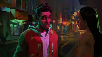 Movie still from “Entergalactic” (2022), directed by Fletcher Moules – A man standing in the middle of a street; Medium shot, Over the shoulder angle