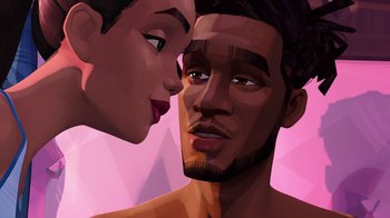 Movie still from “Entergalactic” (2022), directed by Fletcher Moules – An illustration of a man and a woman face - to - face; Extreme Close Up shot, Over the shoulder angle