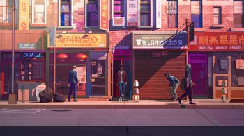 Movie still from “Entergalactic” (2022), directed by Fletcher Moules – A group of people standing on the side of a building; Extreme Wide shot, Low angle