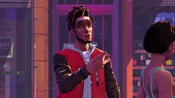 Movie still from “Entergalactic” (2022), directed by Fletcher Moules – A man in a red and black jacket standing in front of a building; Medium shot, Low angle