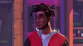 Movie still from “Entergalactic” (2022), directed by Fletcher Moules – A man with dreadlocks is standing in front of a building; Close Up shot, Over the shoulder angle