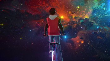 Movie still from “Entergalactic” (2022), directed by Fletcher Moules – A man riding a bike through the night sky; Wide shot, Overhead angle